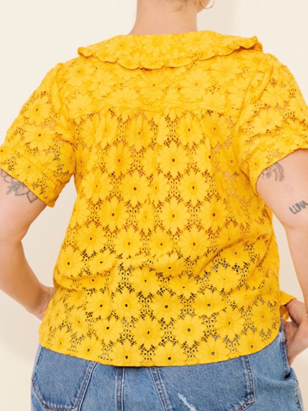 Pilcro Yellow Lace Floral Button-Front Blouse - Picture 2 of 7